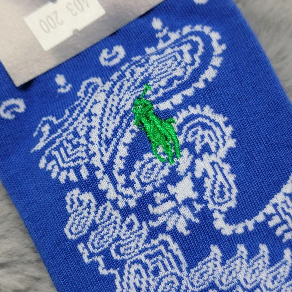 Polo Ralph Lauren Socks Mens 10-13 Blue Paisley Mid Calf Green Pony Cotton Blend